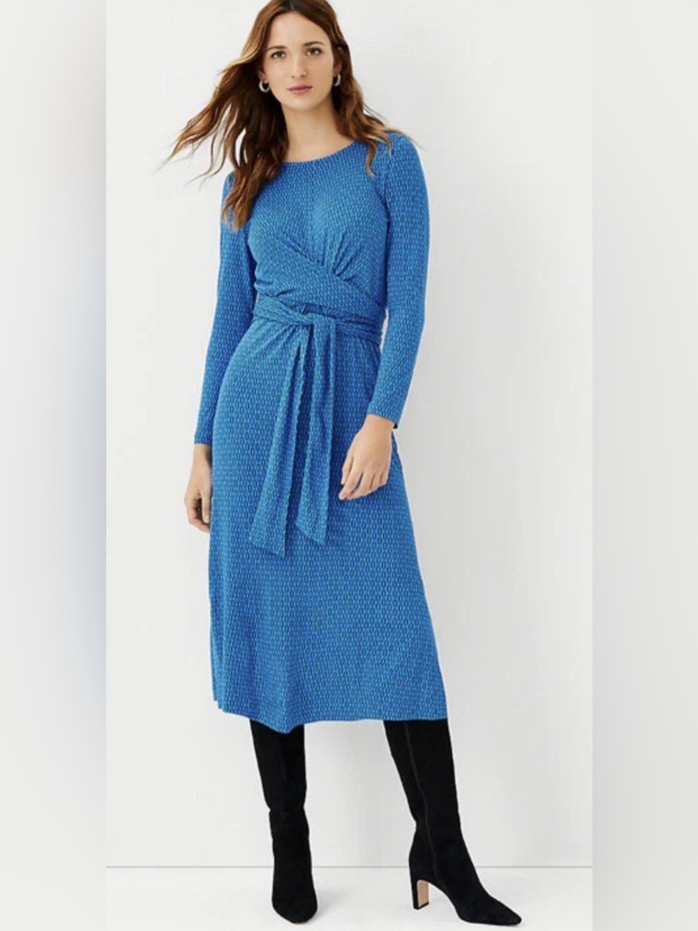 NWT $139 Ann Taylor Chain Print Tie Waist Midi Dress French Blue Sz 6